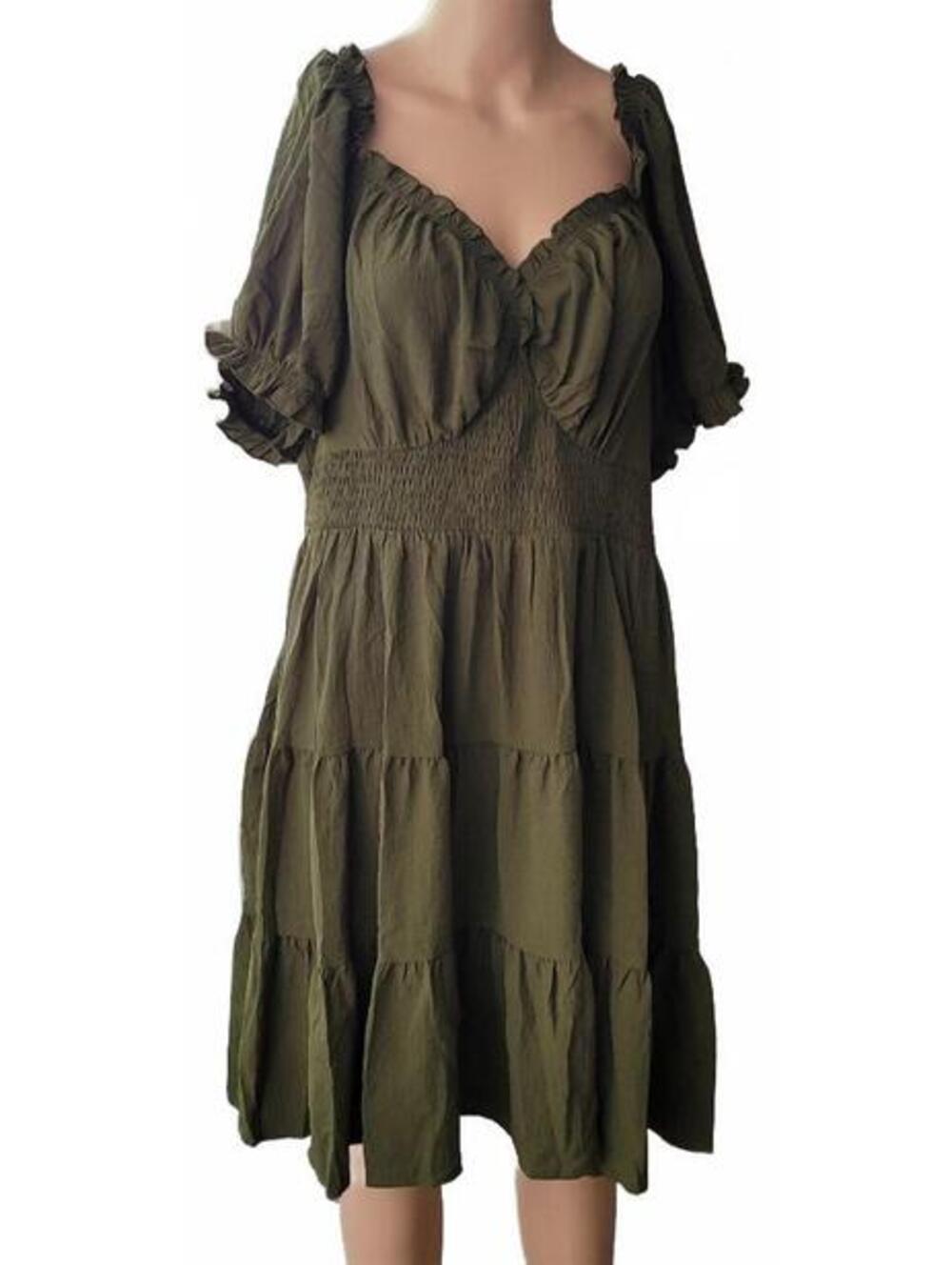Shestarr Women's Olive Green Tiered Puff Sleeve Plus Size Dress 2XL